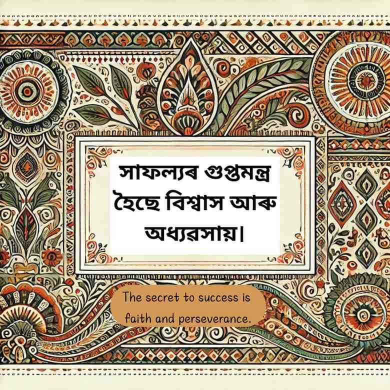 Assamese quote on traditional art background about success