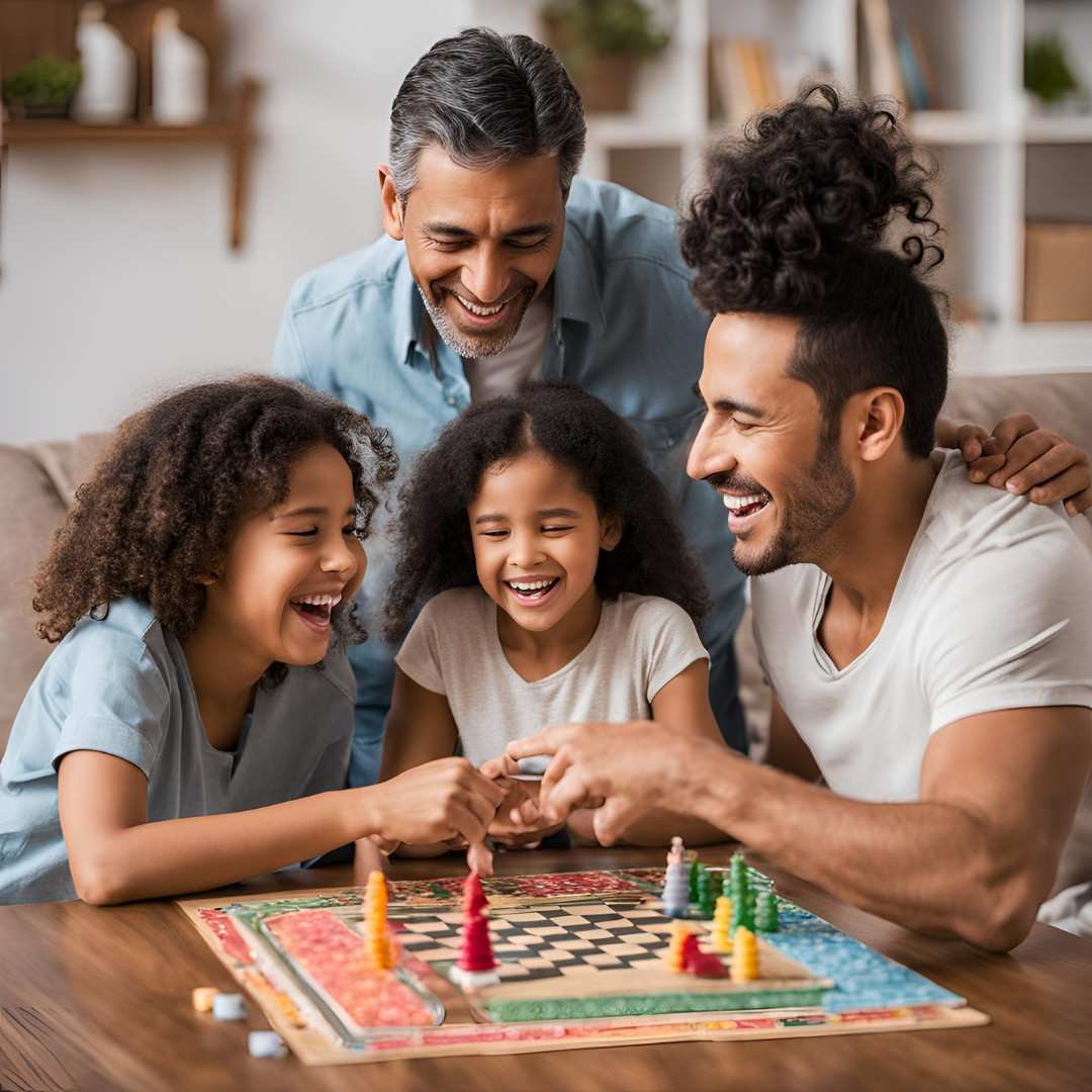 Smiling family enjoying a board game together in the living room