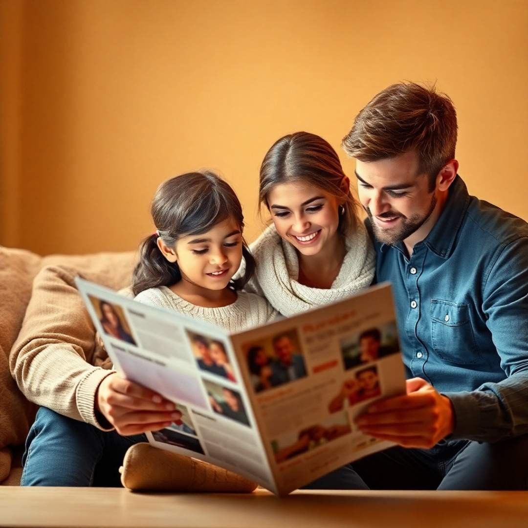 Family reading a magazine together on the couch