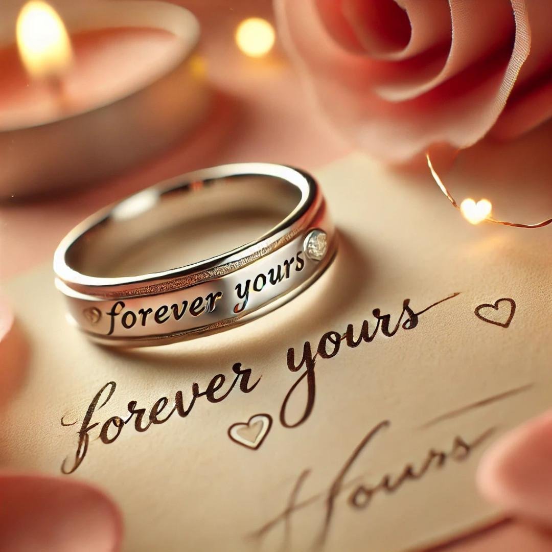 Silver ring engraved with “forever yours” placed on a handwritten love note