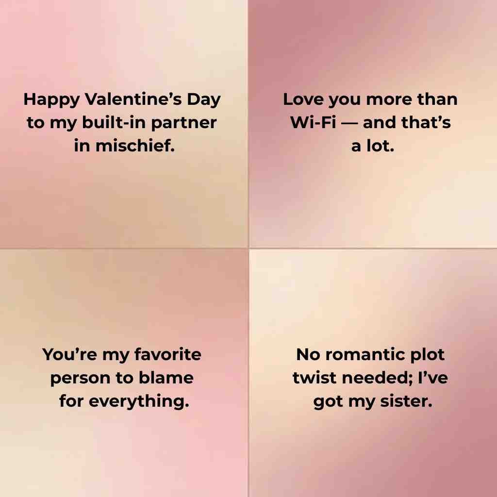 Four funny sister Valentine’s Day quotes displayed in a soft pastel gradient four-grid layout
