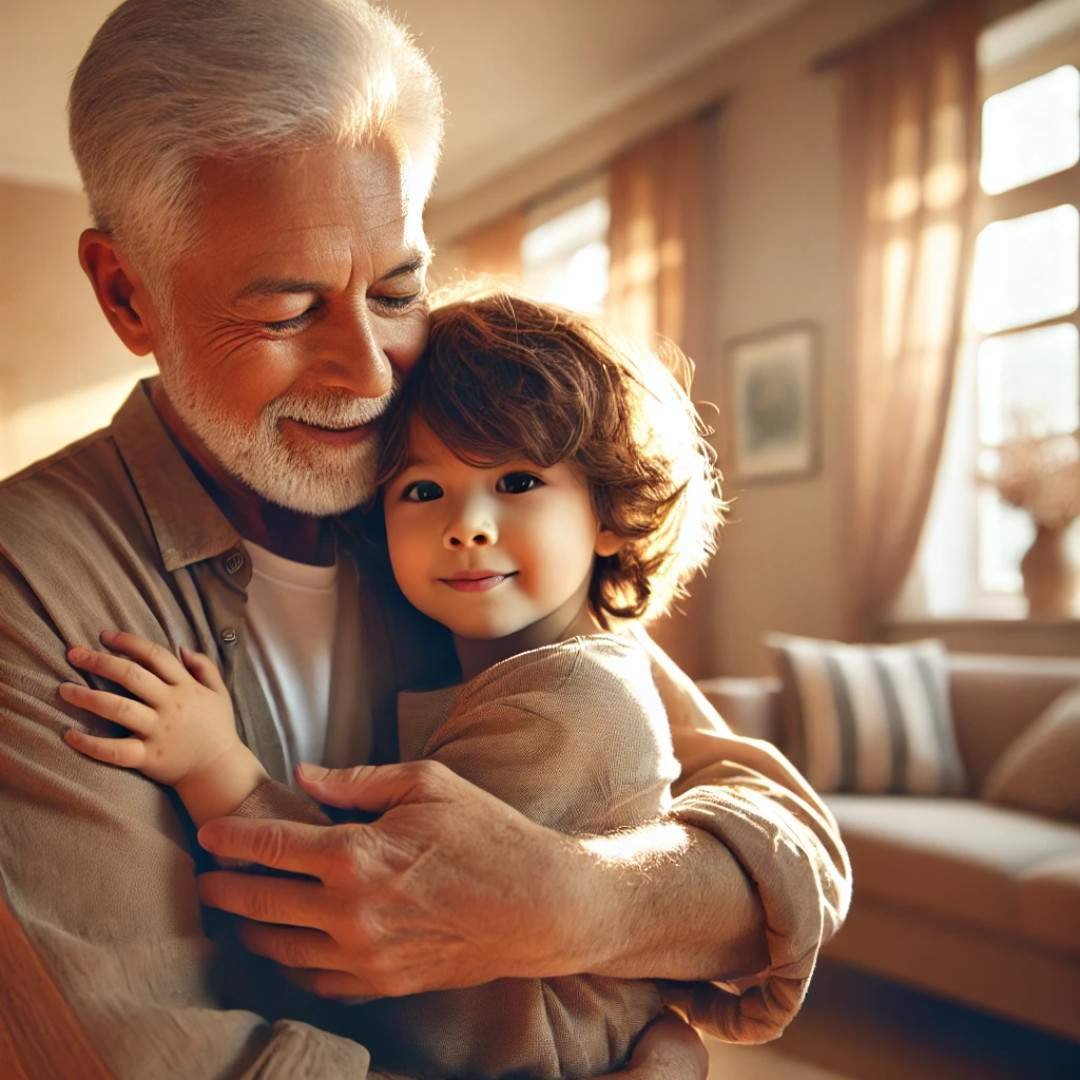 Grandfather hugging grandchild warmly at home