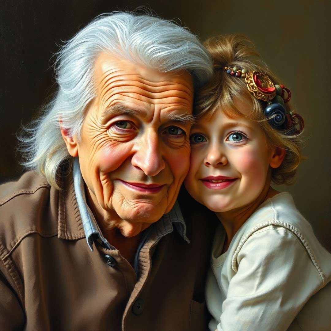 Grandfather and granddaughter smiling together