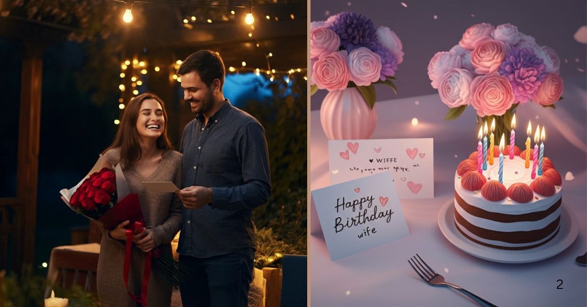 A couple shares a romantic birthday celebration, with the wife smiling as she reads Happy Birthday Quotes for Wife on her greeting cards.