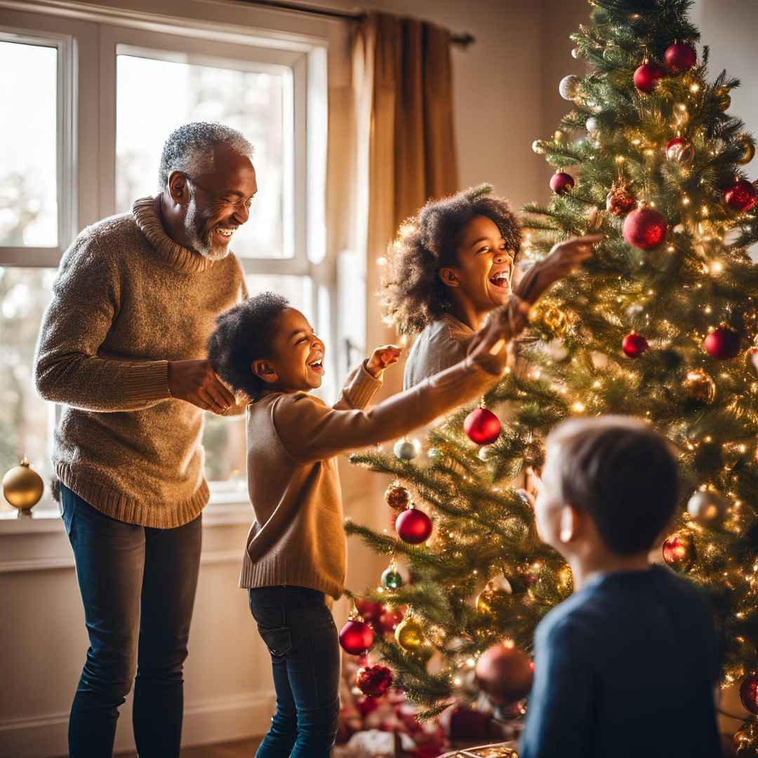 Happy family decorating a Christmas tree together at home