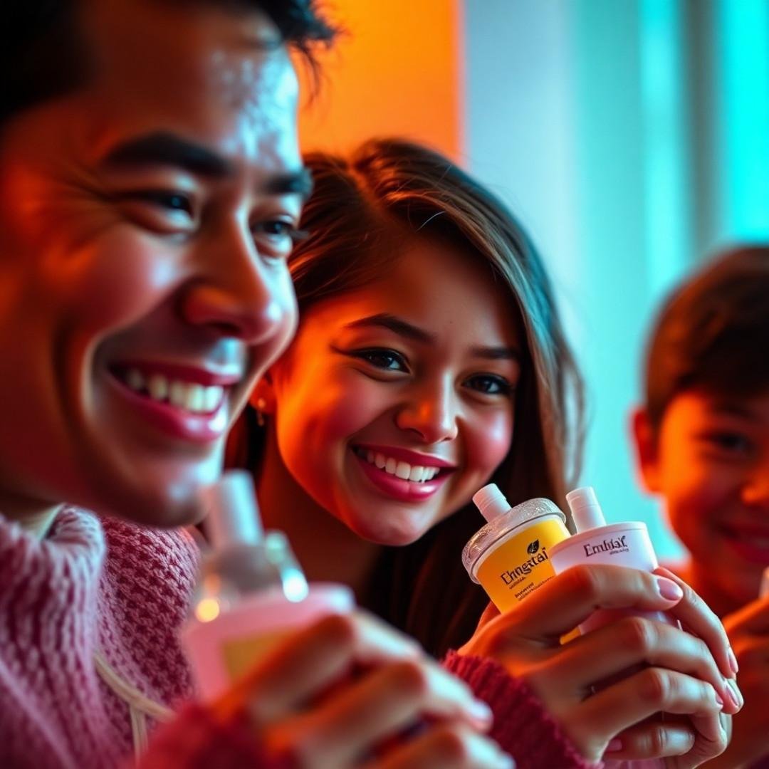 Smiling family enjoying drinks together