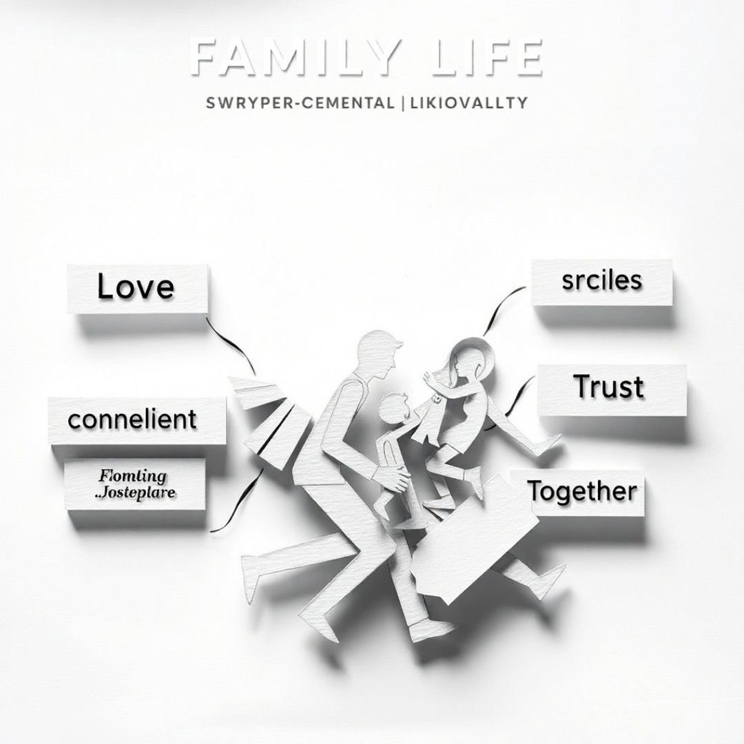 Paper-cut style family illustration with words like love, trust, and together