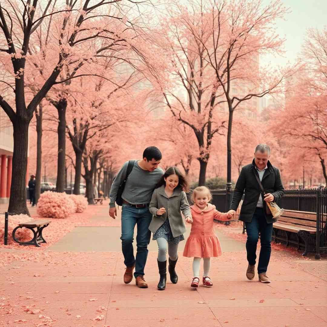 Happy family walking in park during fall