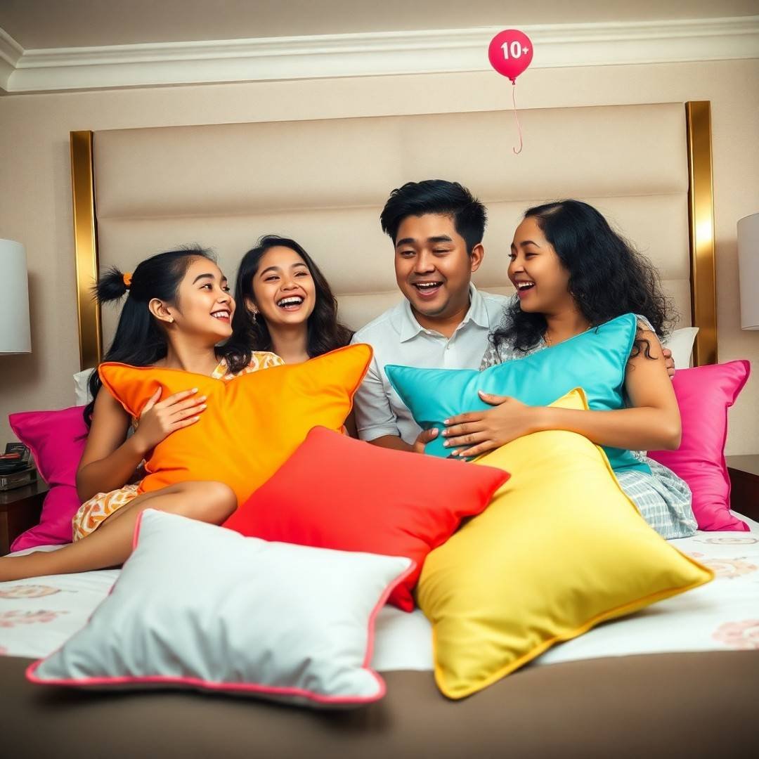 Family of four laughing together on bed with colorful pillows