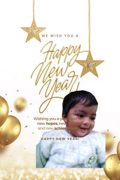 Smiling baby with Happy New Year wishes and golden star decorations