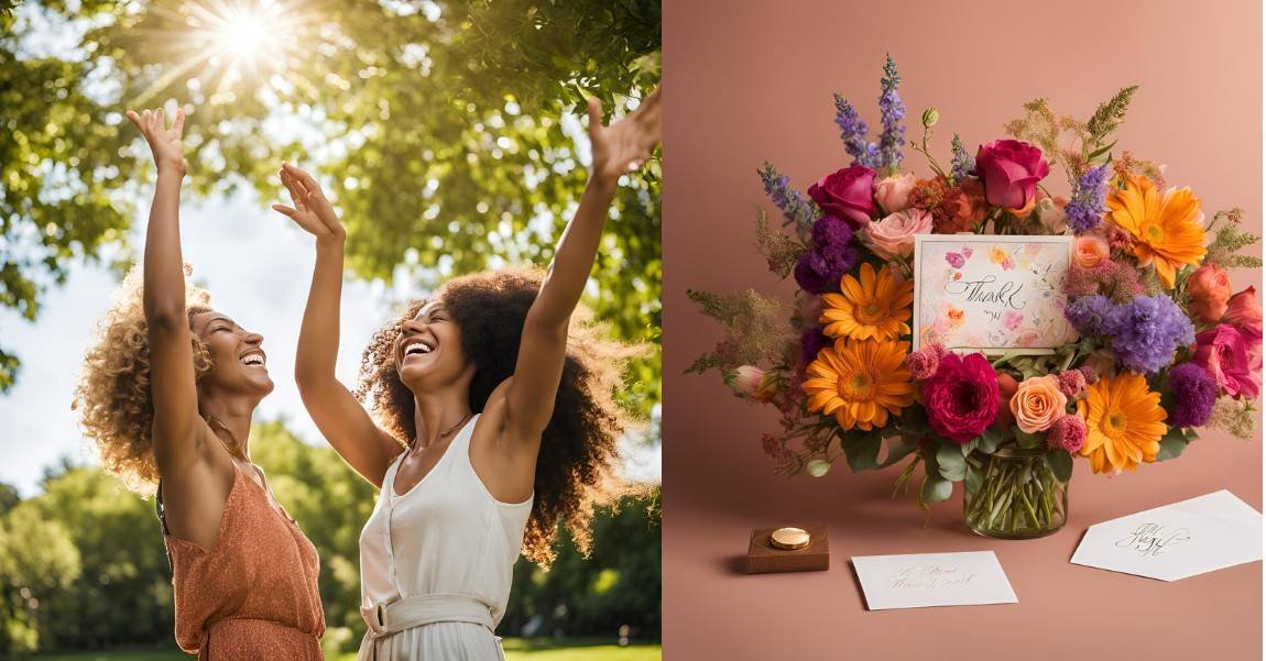 Joyful woman outdoors and a bouquet with a card, symbolizing appreciation