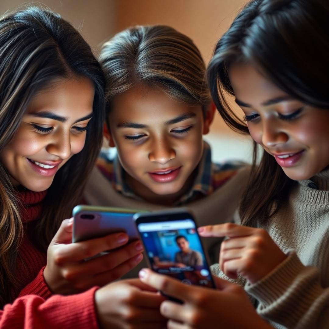 Three happy teenagers using smartphones together