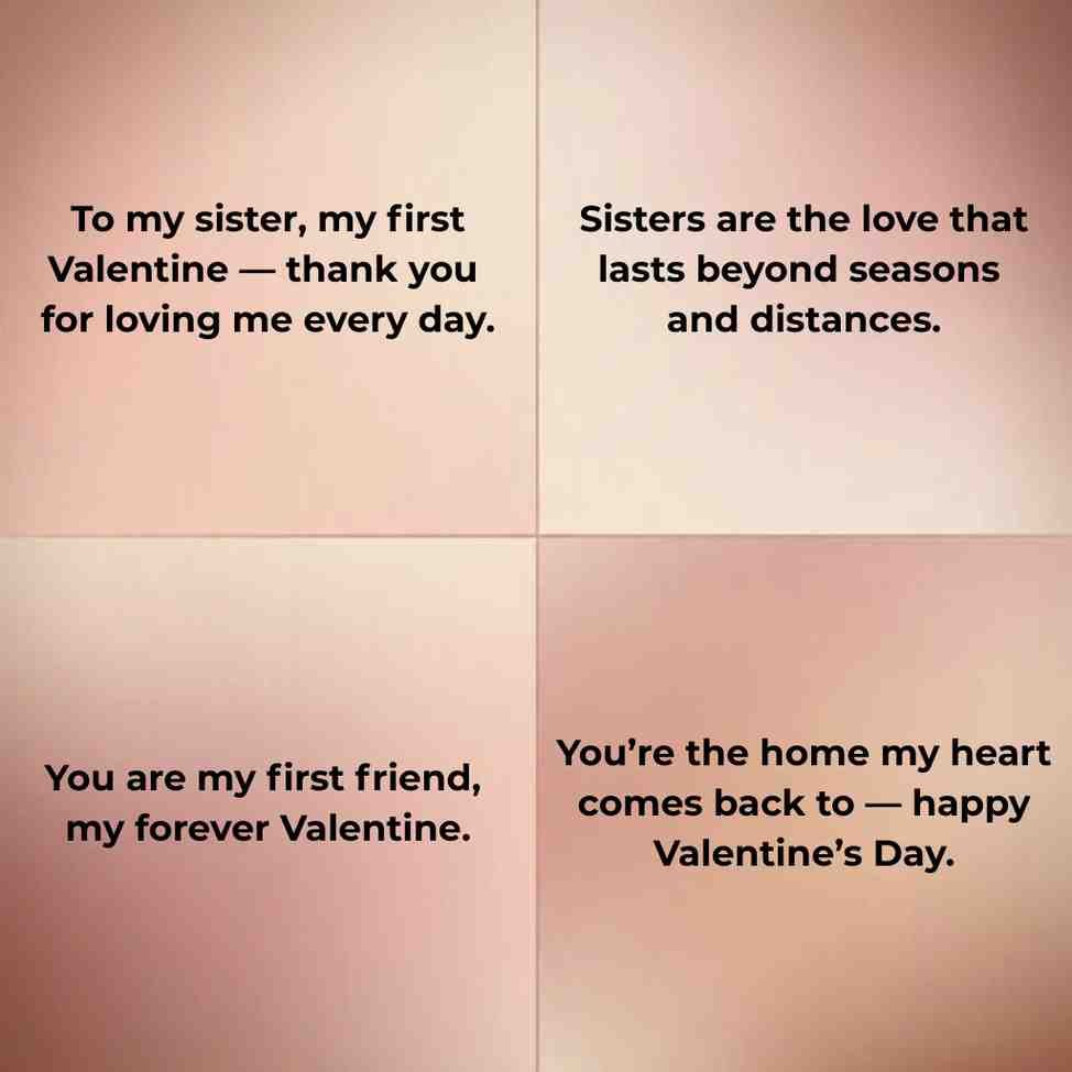 Four heartfelt sister Valentine’s Day quotes displayed in a soft blush pink gradient grid design