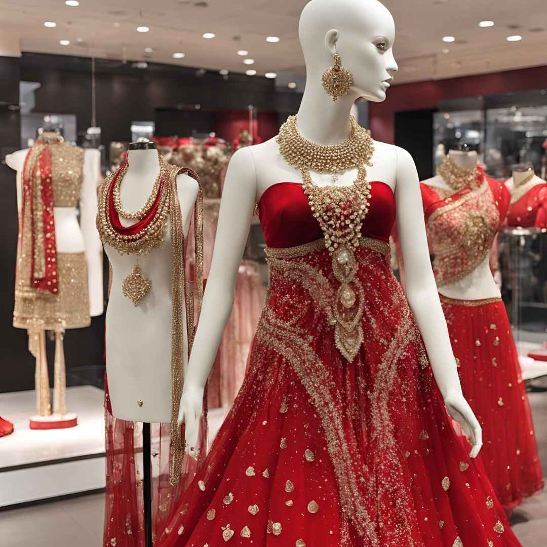 Indian bridal red and gold lehenga displayed on mannequin
