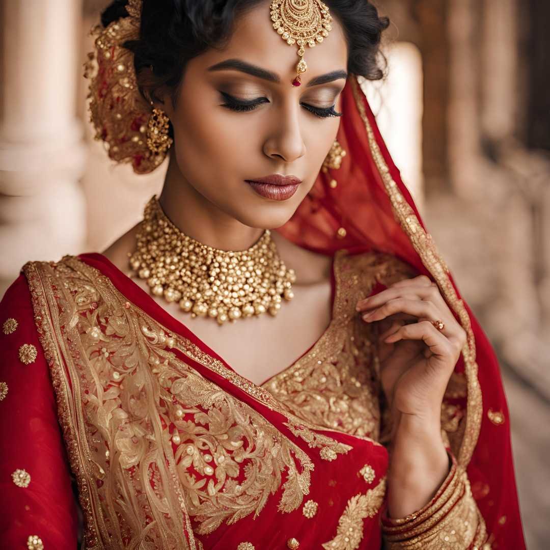 Indian bride in red and gold bridal saree with traditional jewelry
