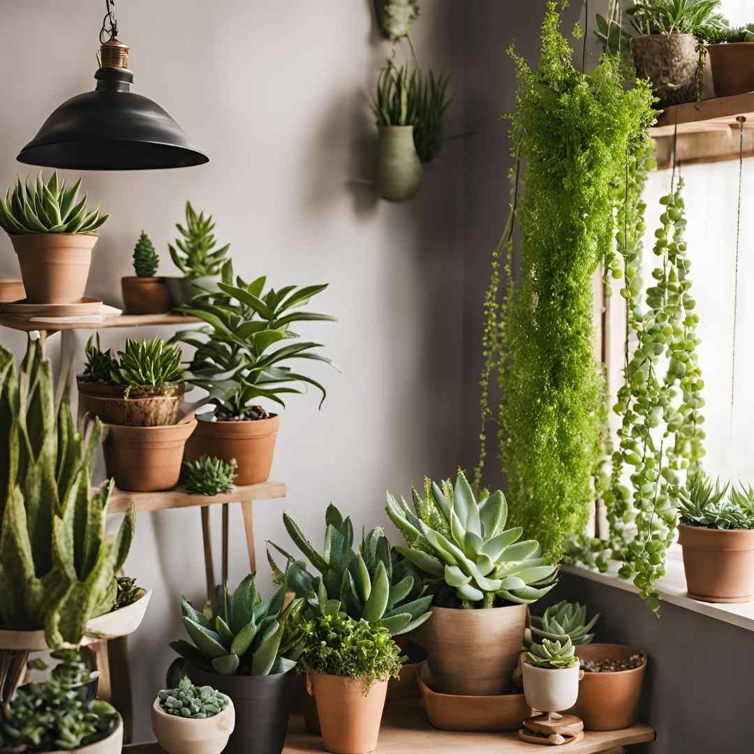 Indoor plant corner with various potted greenery by a sunny window