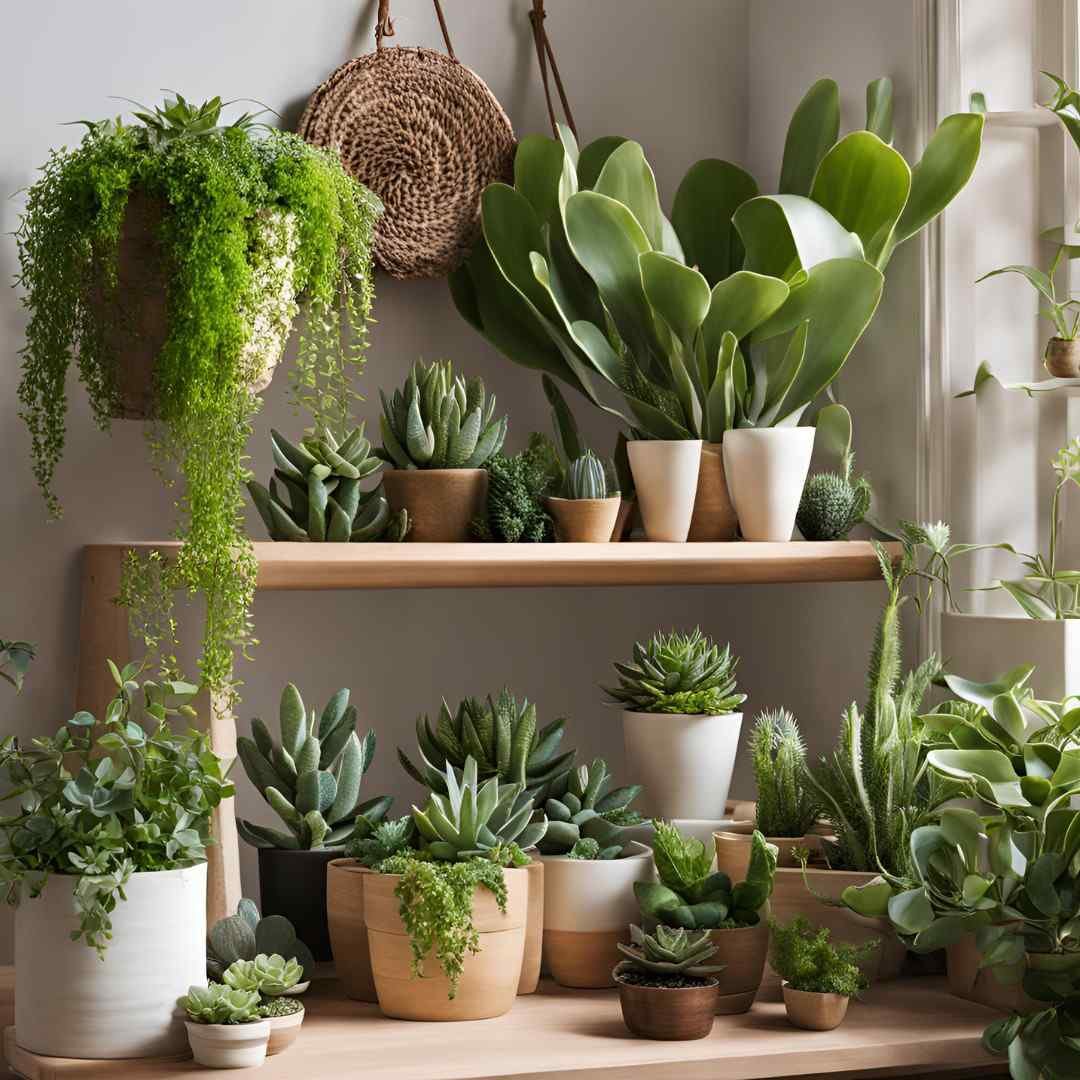 Indoor wooden shelf filled with potted green houseplants