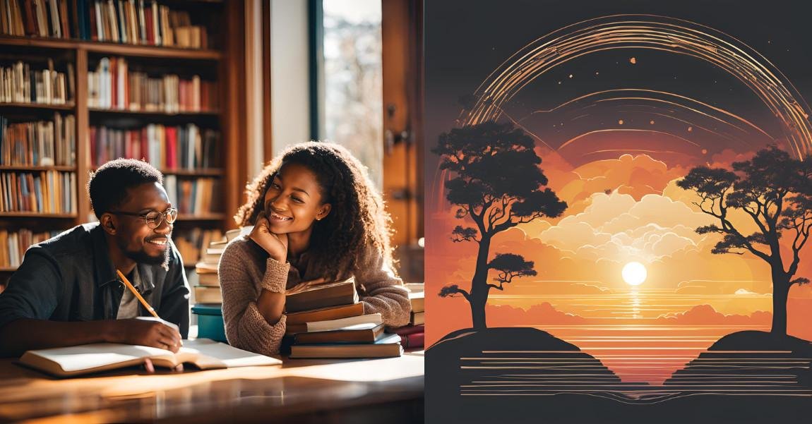 Smiling woman surrounded by books with an artistic sunset in the background