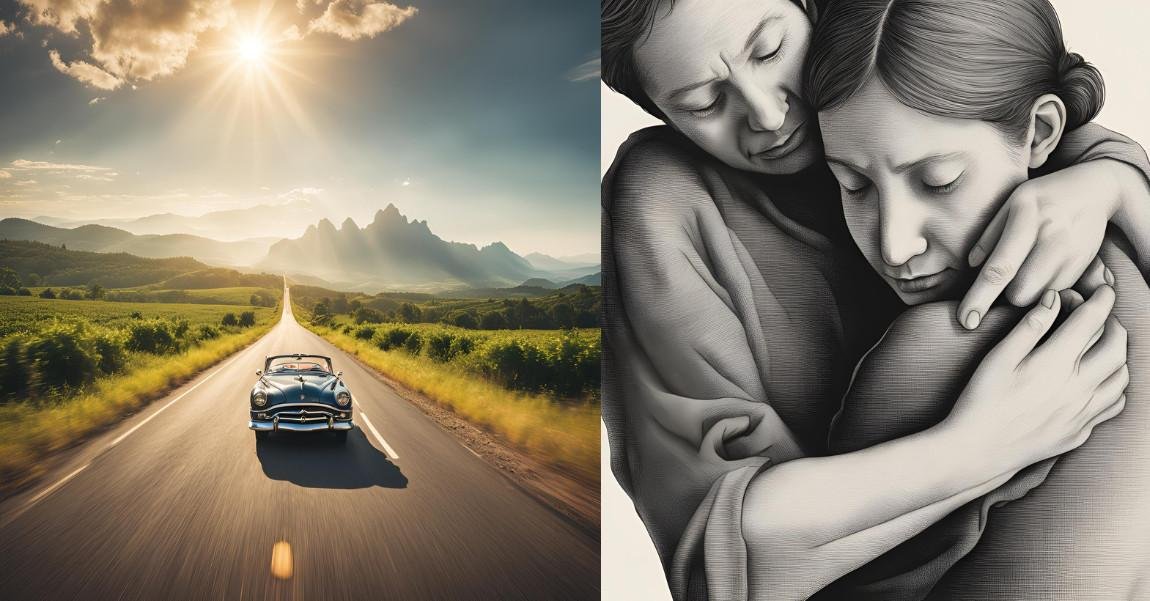 A scenic drive into the mountains and a heartfelt black-and-white embrace between two people
