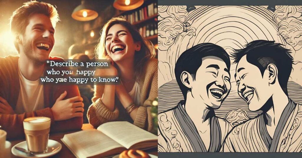 Two people laughing joyfully, one in real life and one illustrated