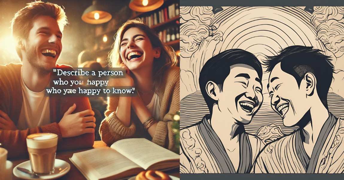 Two people laughing joyfully, one in real life and one illustrated