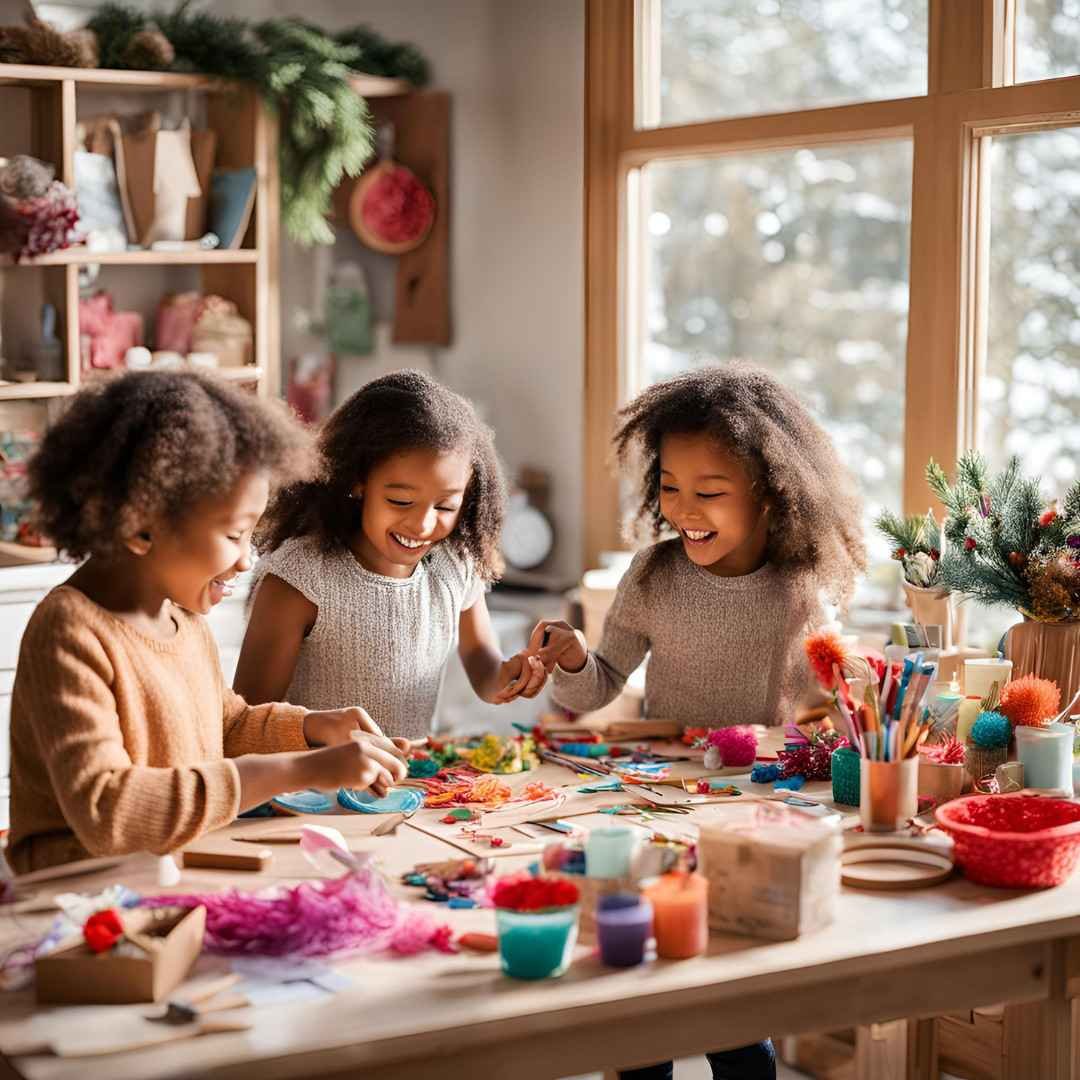 Children making Valentine’s Day crafts at a table