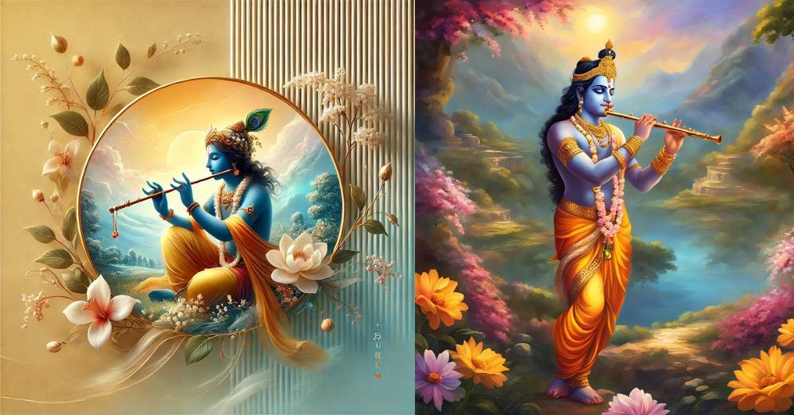 Divine art of Lord Krishna playing flute in floral setting