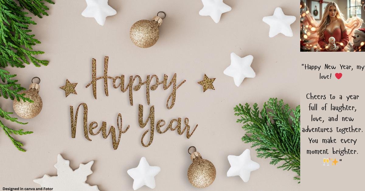 Minimalist Happy New Year greeting with stars, ornaments, and pine branch
