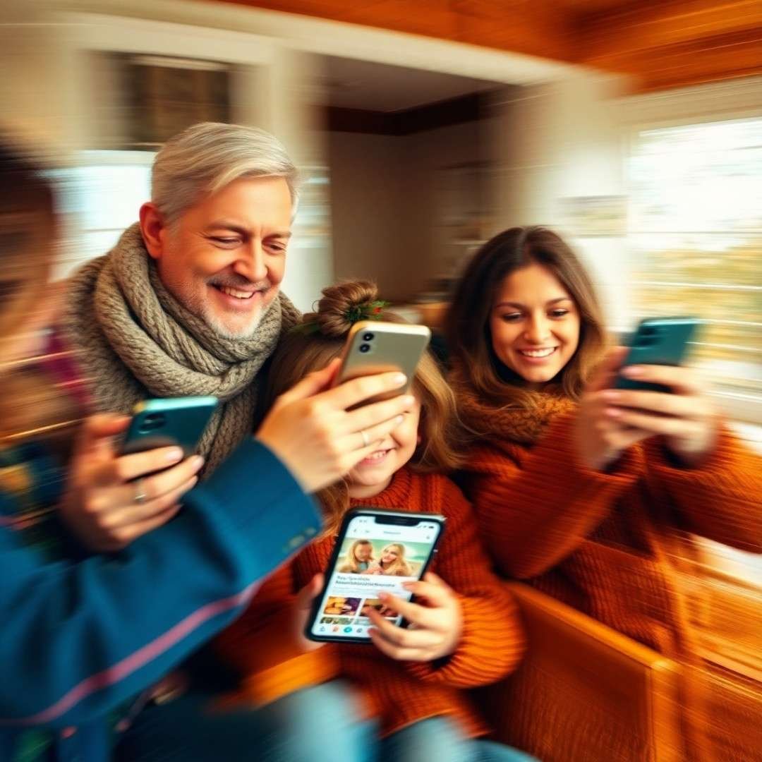 Happy multi-generational family using smartphones