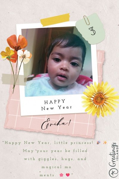 Cute baby girl with flowers and Happy New Year message in a decorated photo frame