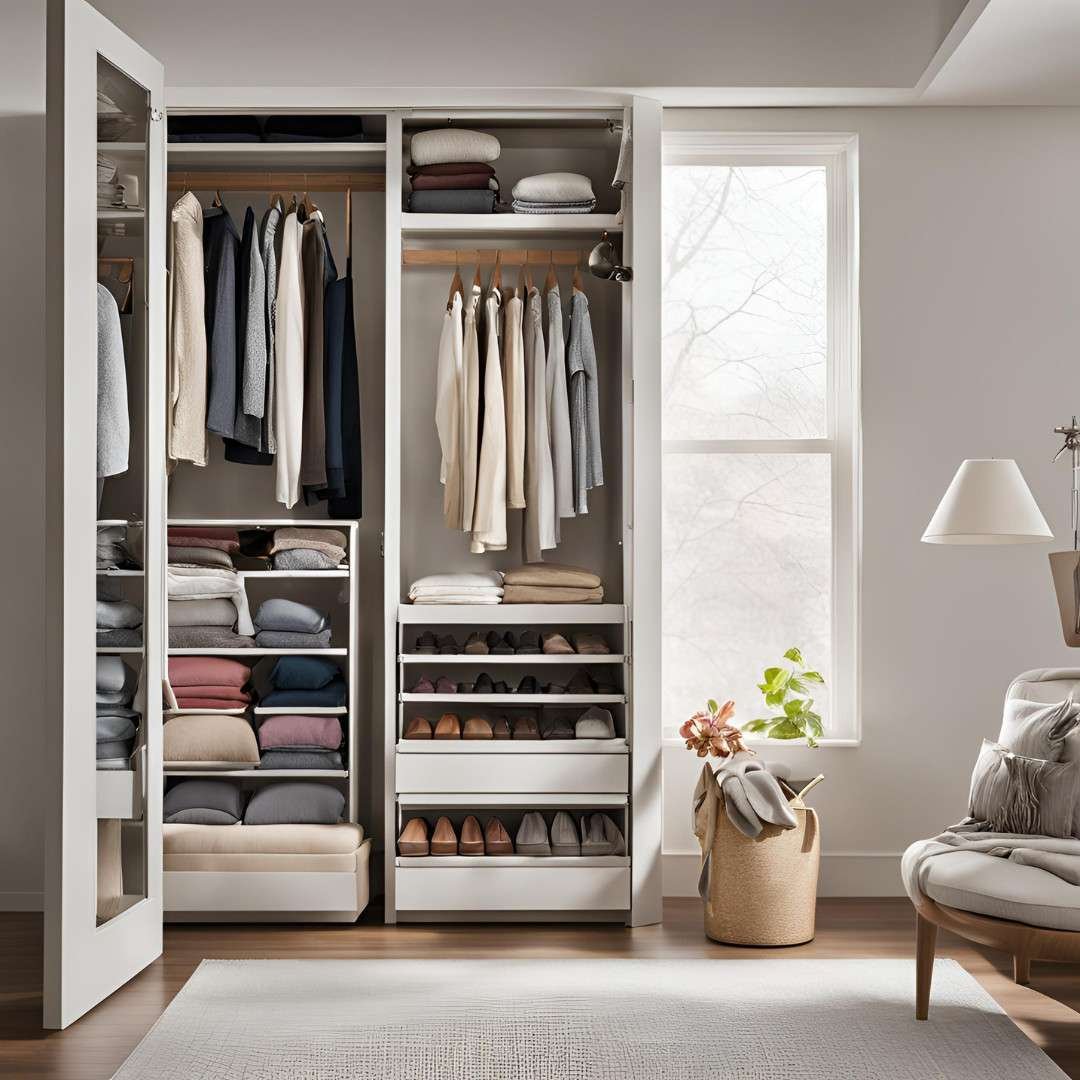 Neatly organized modern closet with clothes, drawers, and natural light