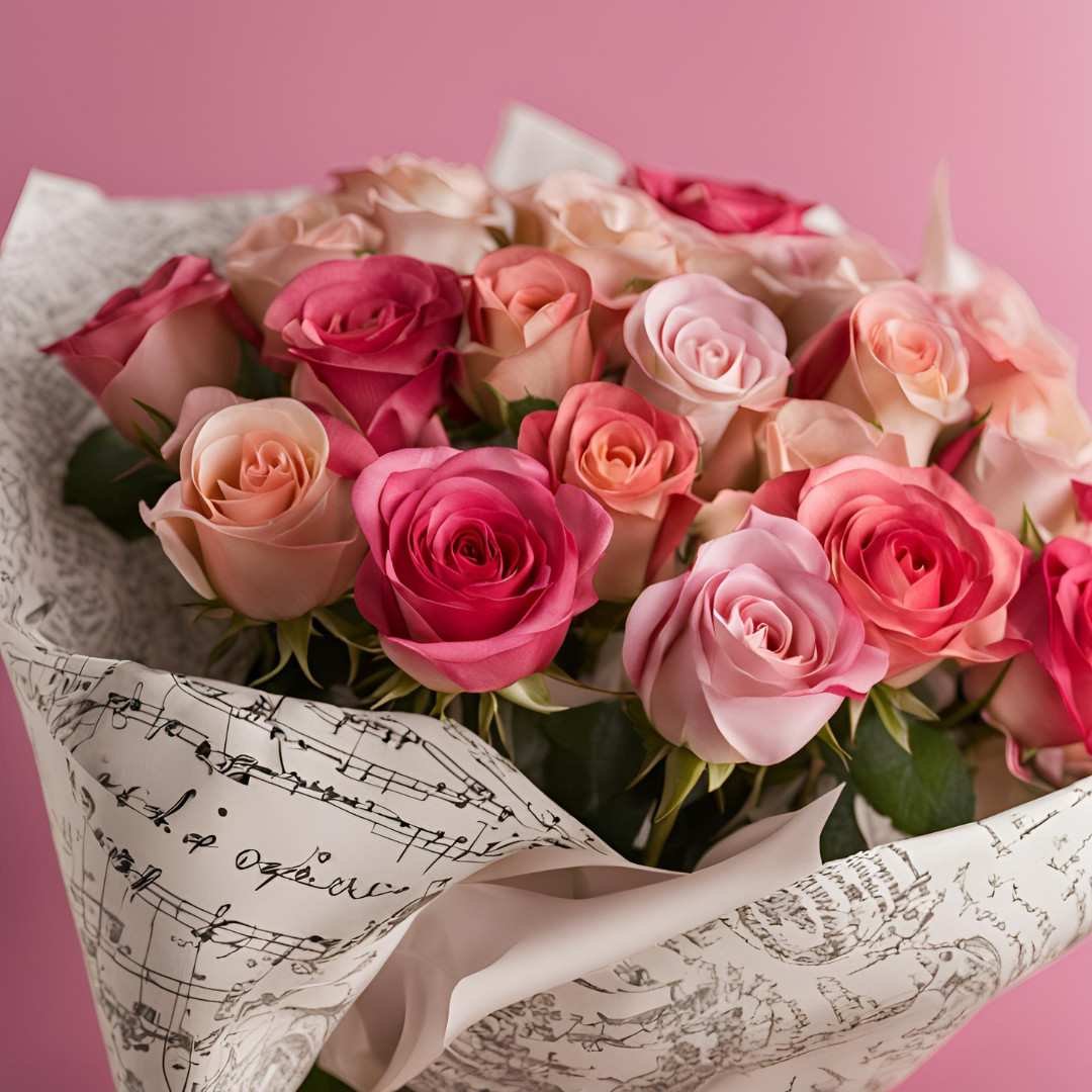 Elegant bouquet of pink and peach roses wrapped in vintage paper on pink background