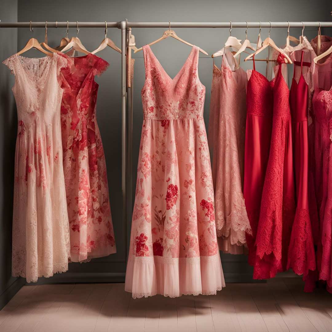 A variety of pink and red formal dresses hanging on a clothing rack.