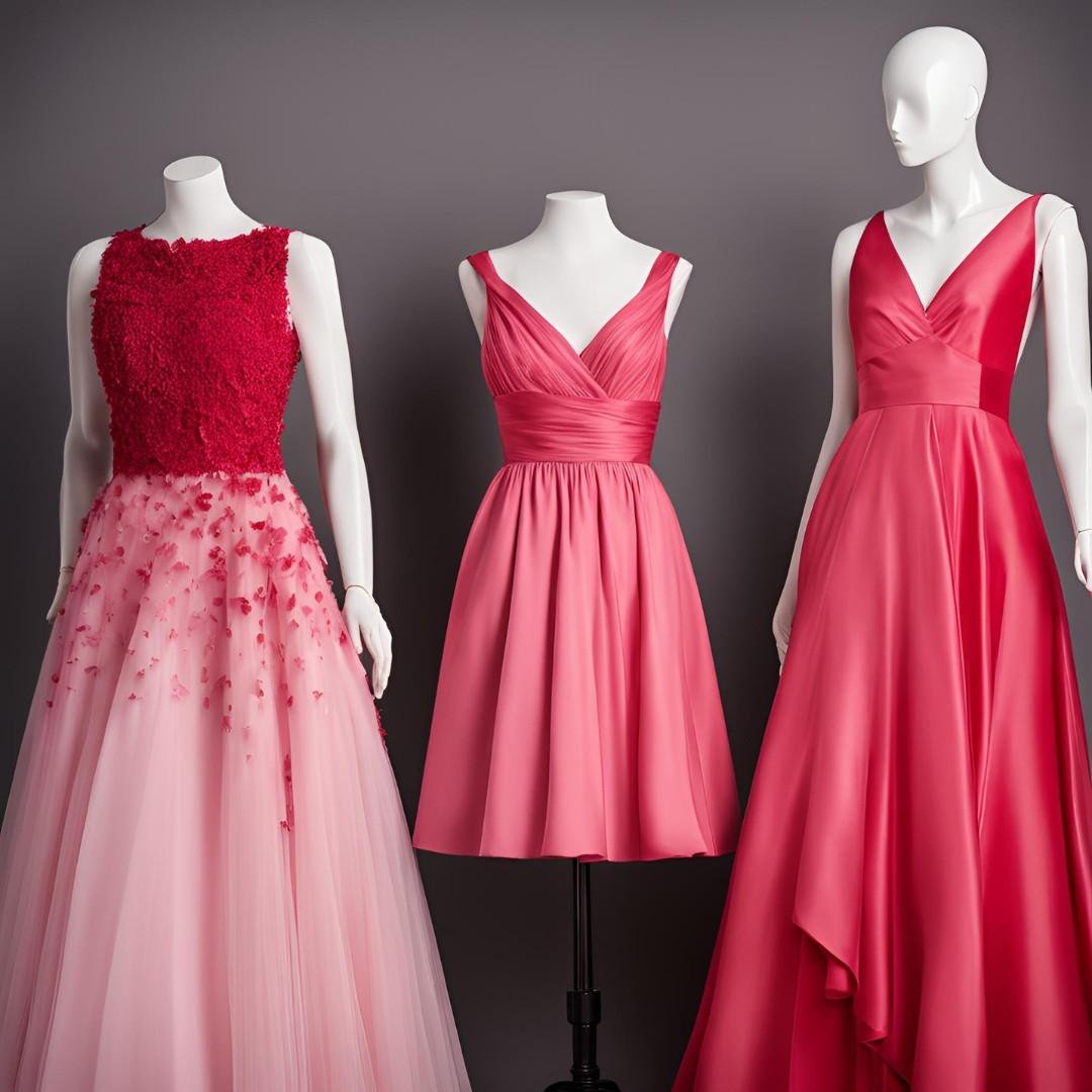 Three pink and red formal dresses displayed on mannequins.