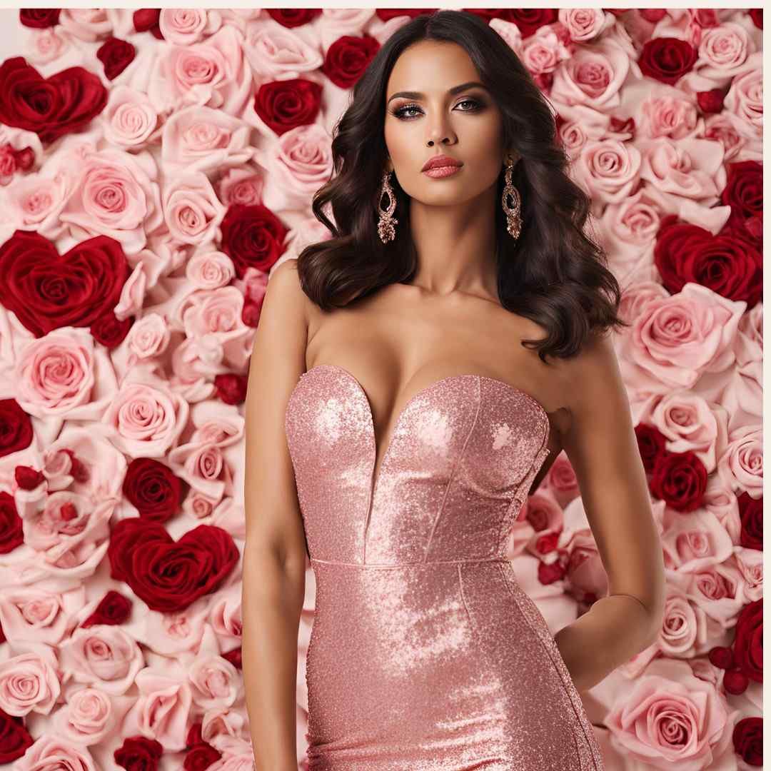 Woman wearing a strapless shiny pink evening gown standing in front of a wall of red and pink roses.