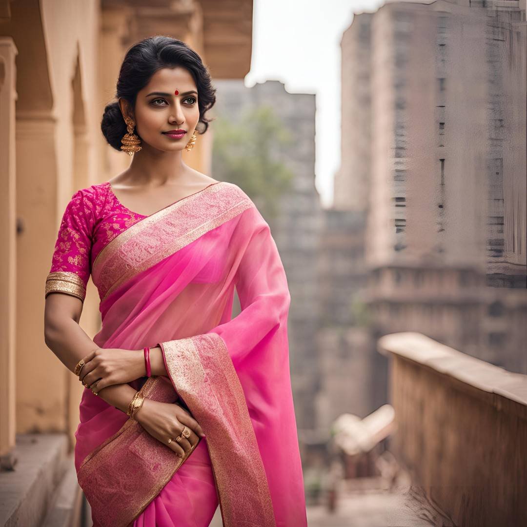 Woman in a pink saree standing on a heritage-style balcony with city buildings in the background
