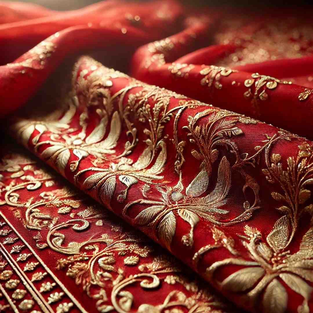 Close-up of red silk saree with intricate gold embroidery