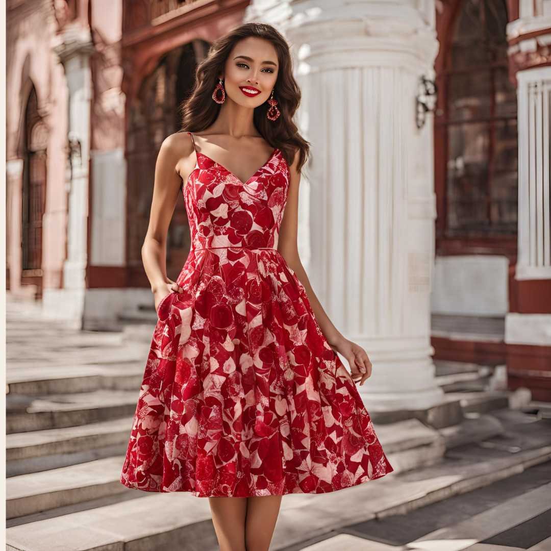 Woman in a red floral dress standing near classical architecture.