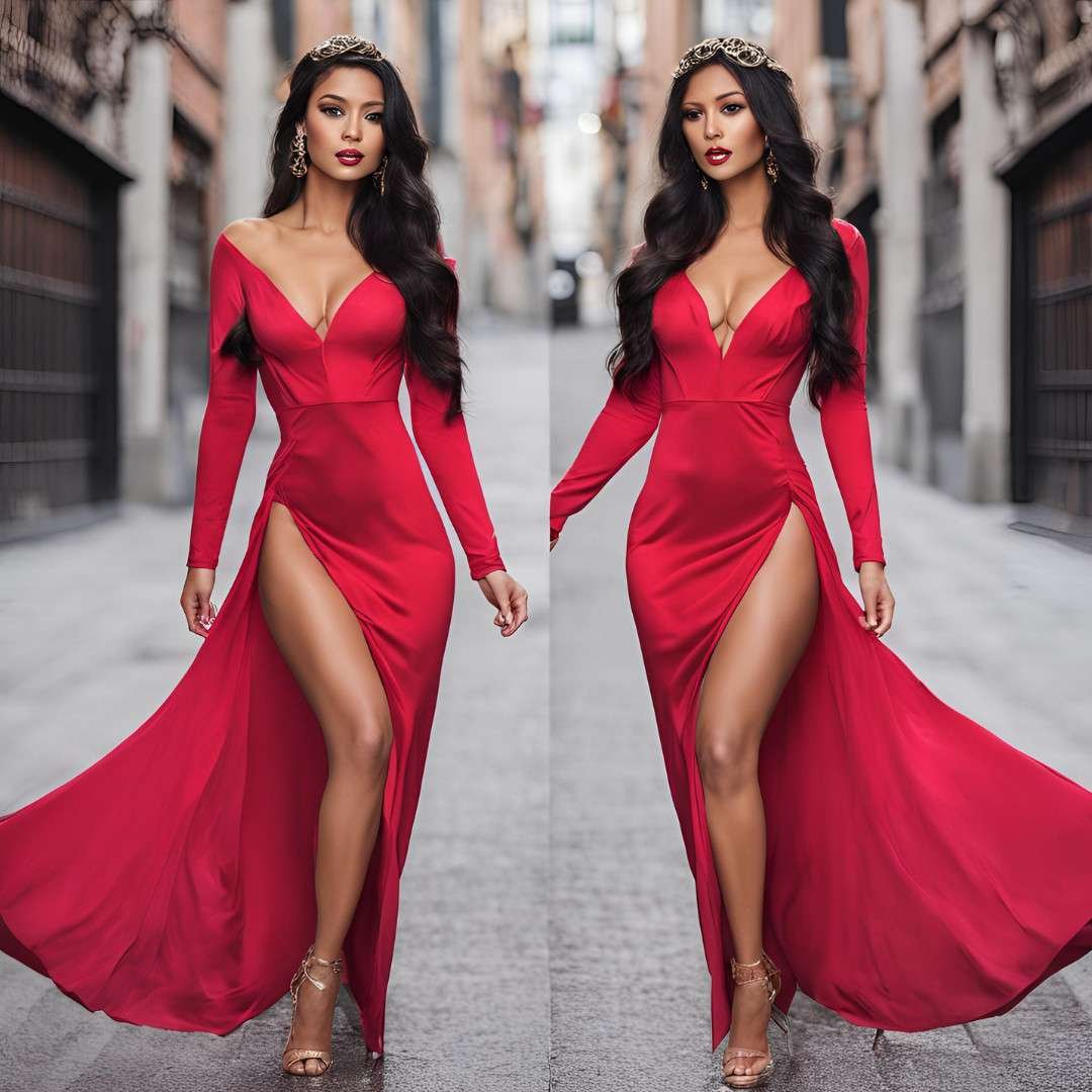 Two women wearing matching red high-slit evening gowns walking down a narrow urban street.