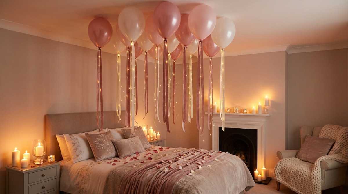 Romantic Valentine ceiling balloon decor with ribbons and lights
