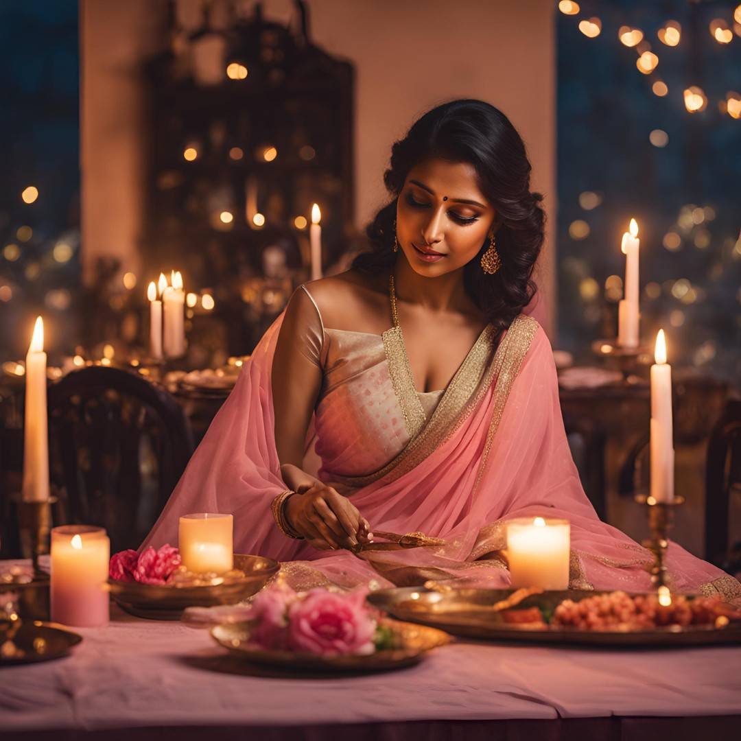 Woman in a pink saree enjoying a romantic candlelight dinner on Valentine's Day