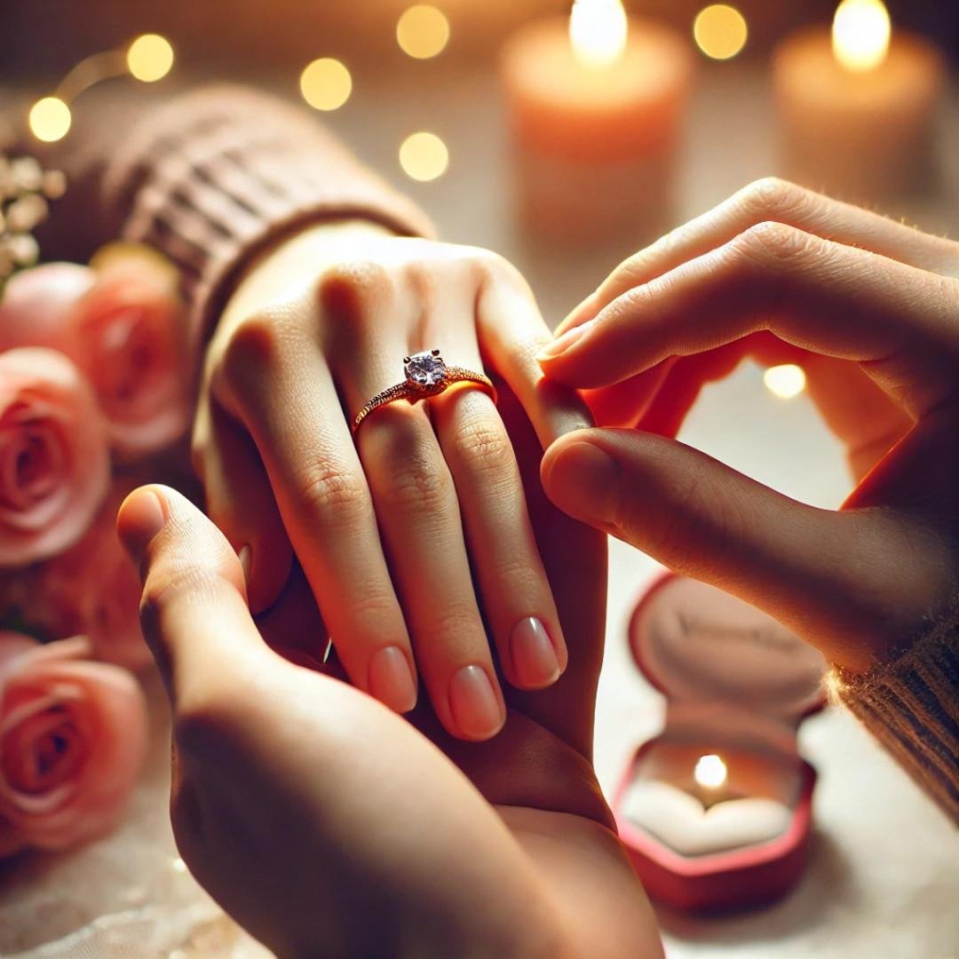A close-up of a romantic ring proposal with a hand placing a ring on a woman's finger