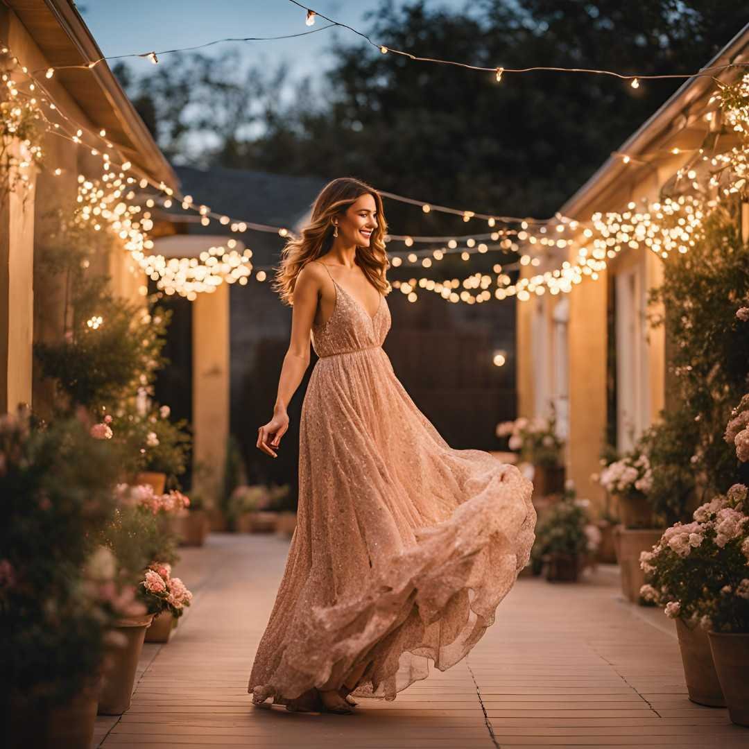 Woman in flowing blush pink gown walking under fairy lights.