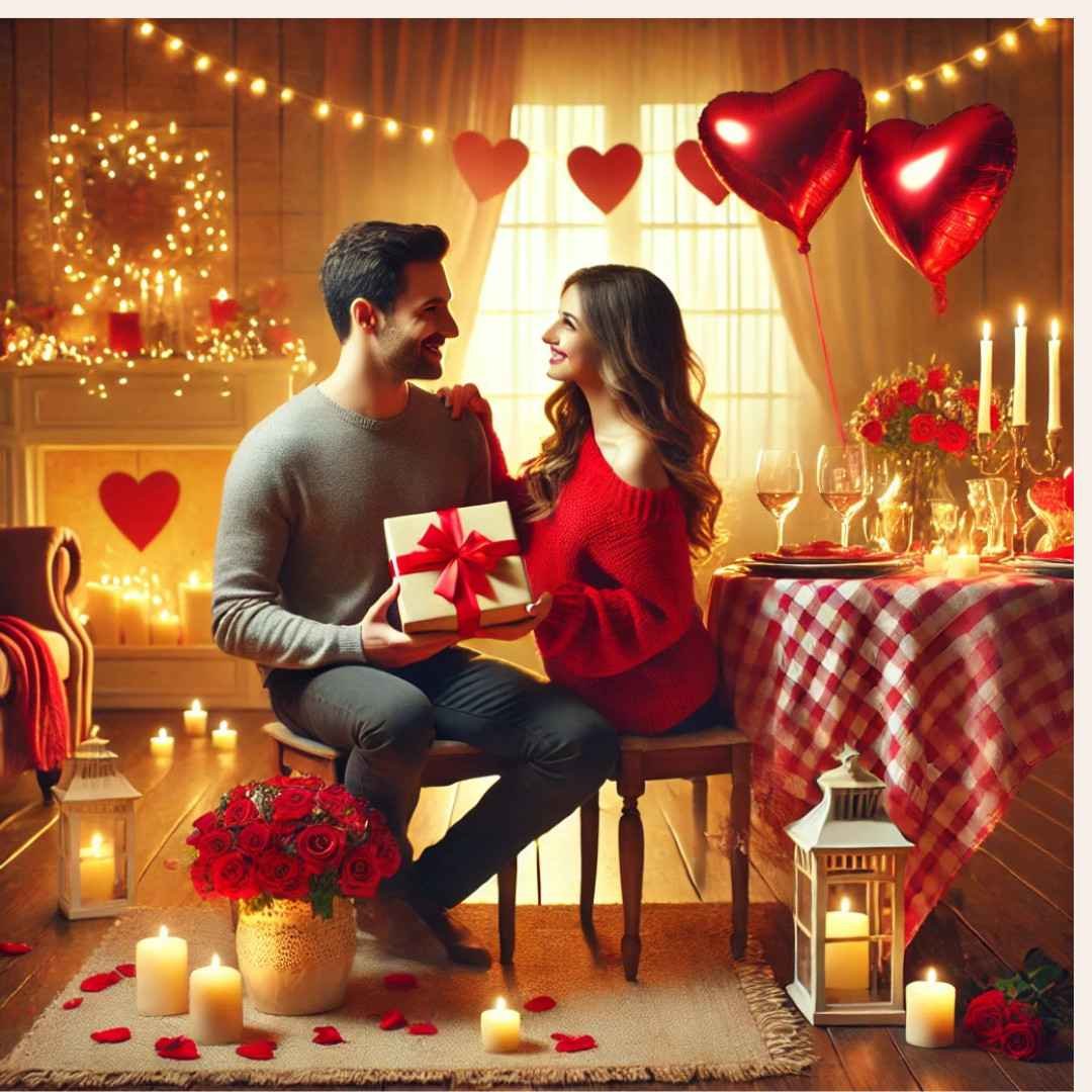 Couple enjoying a romantic Valentine’s dinner with gift exchange.