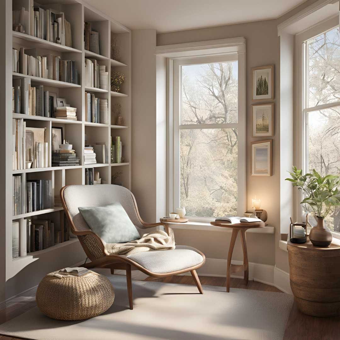Cozy reading nook with armchair, bookshelves, and soft natural light
