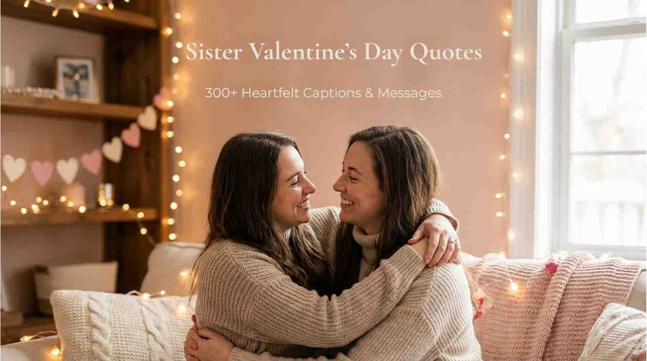 Two sisters hugging and smiling in a cozy Valentine-themed room with fairy lights — Sister Valentine’s Day Quotes featured image
