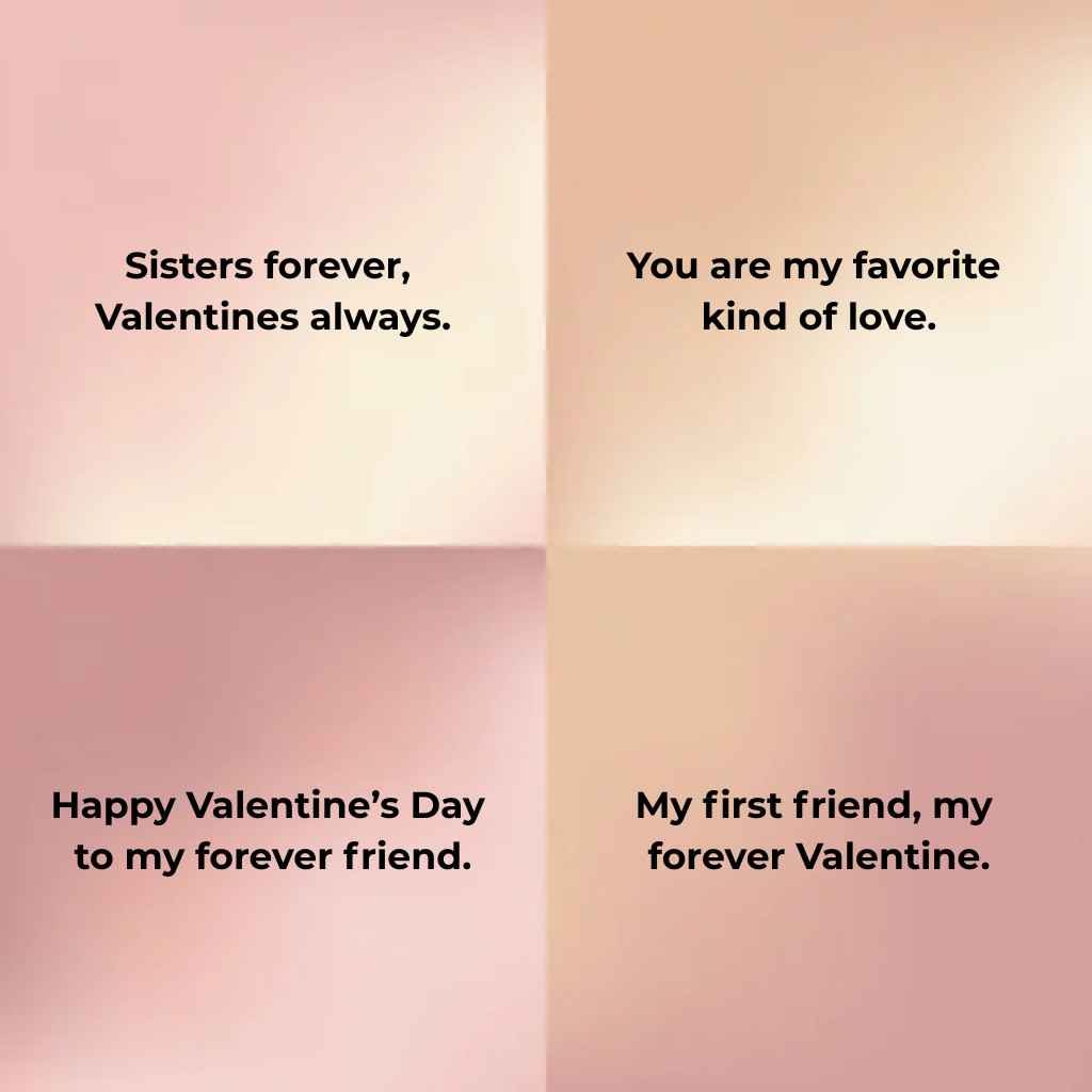 Four short sister Valentine’s Day quotes displayed in a soft pastel gradient four-grid quote card