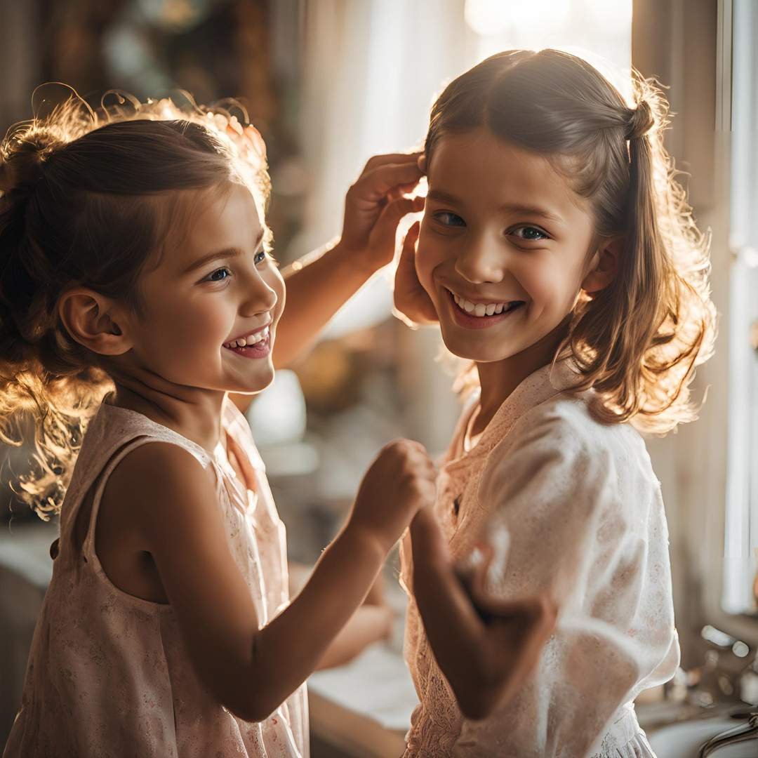 Two young sisters smiling and playing together in warm natural light