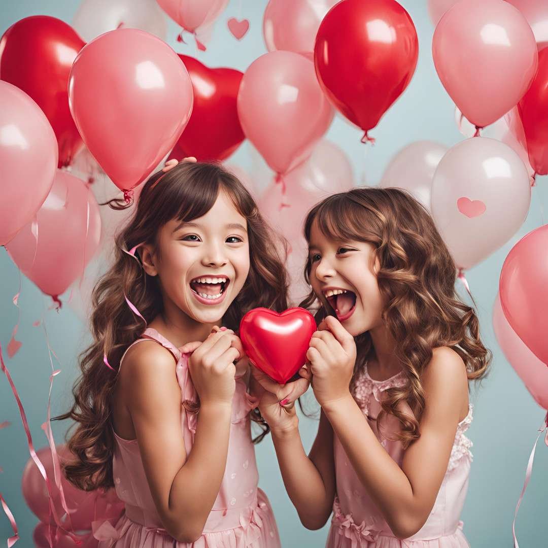 Two happy sisters holding a heart balloon with red and pink balloons in the background