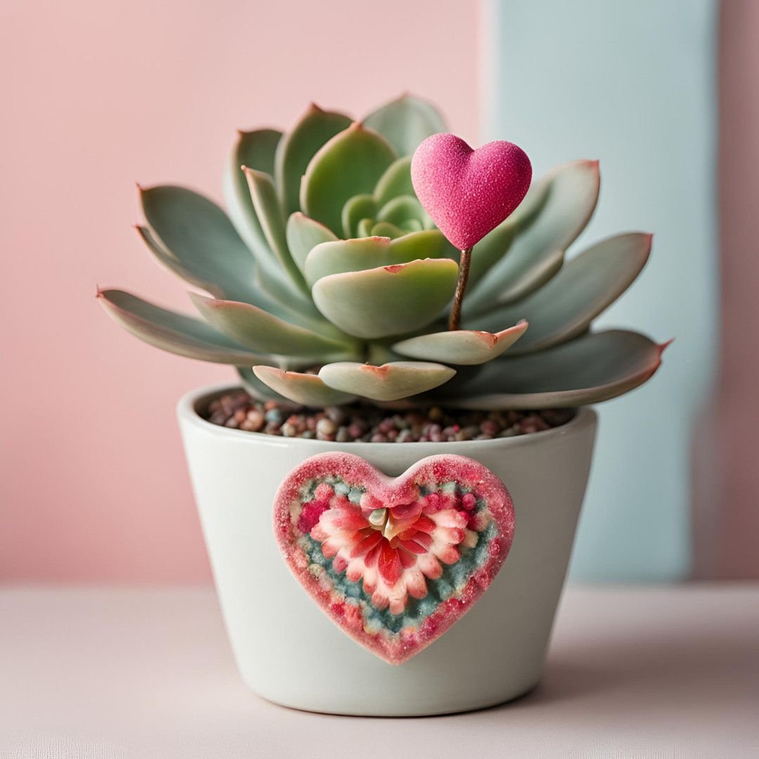 Succulent plant in heart-decorated pot with pink heart ornament on pastel background